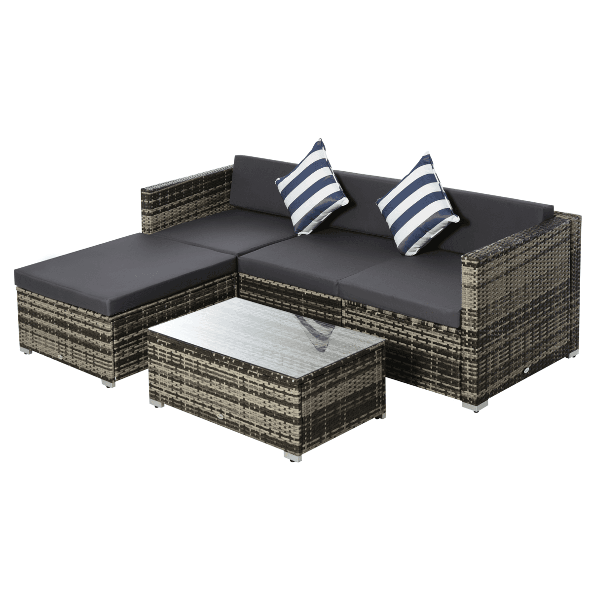 image-5PC Rattan Furniture Set Wicker Sofa Glass Tempered Tea Table & Cushion Pillows