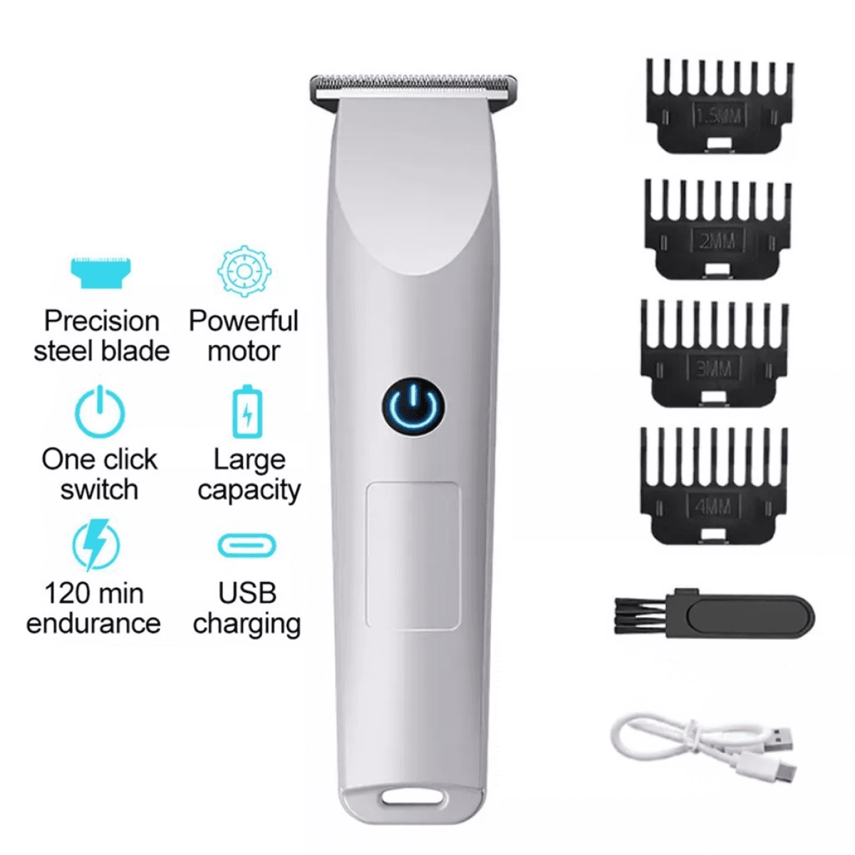 image-Men's Pro Electric Hair Clippers Trimmer Shaver - White 500mAh Battery 4 Combs