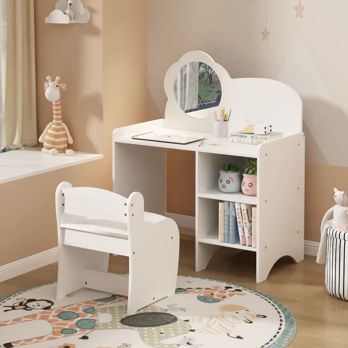 image-Kids Vanity Table - White, Wooden Dresser with Mirror & Chair, Storage Shelves, Playroom Furniture