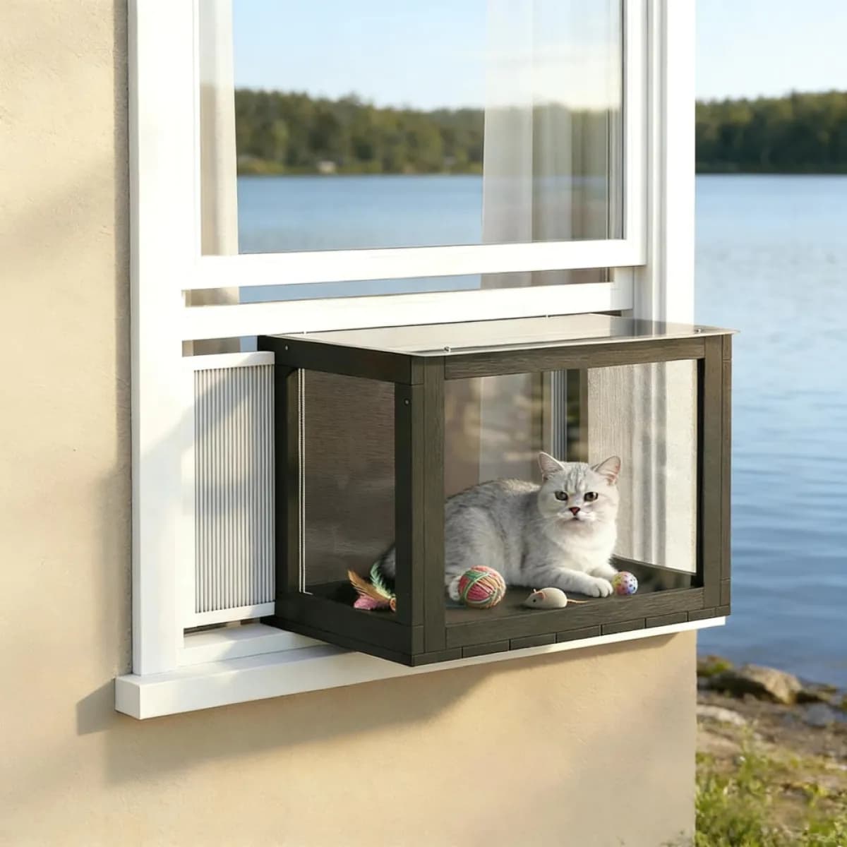image-Window-Mounted Catio Cat Enclosure - Black & White Fir Wood