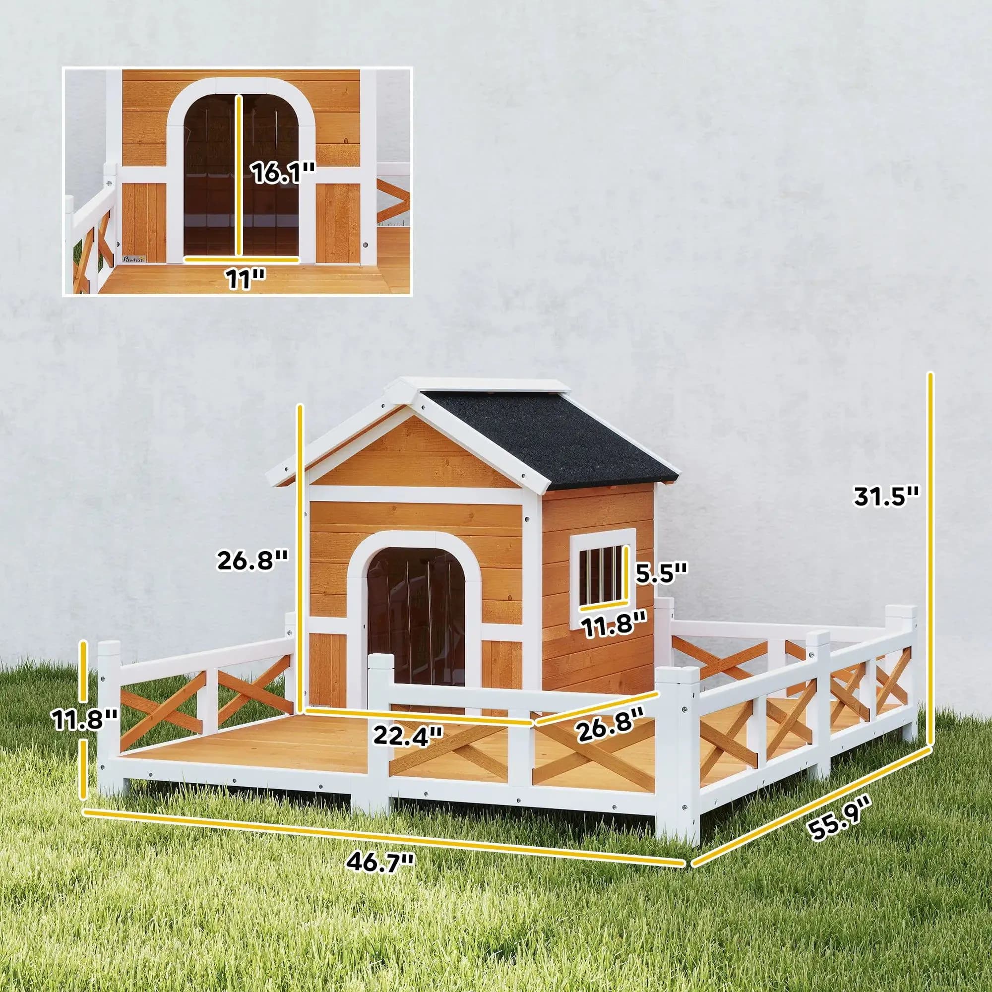 image-PawHut Outdoor Dog House - Small to Medium, Asphalt Roof, Wooden, 46.7"x55.9"x31.5"