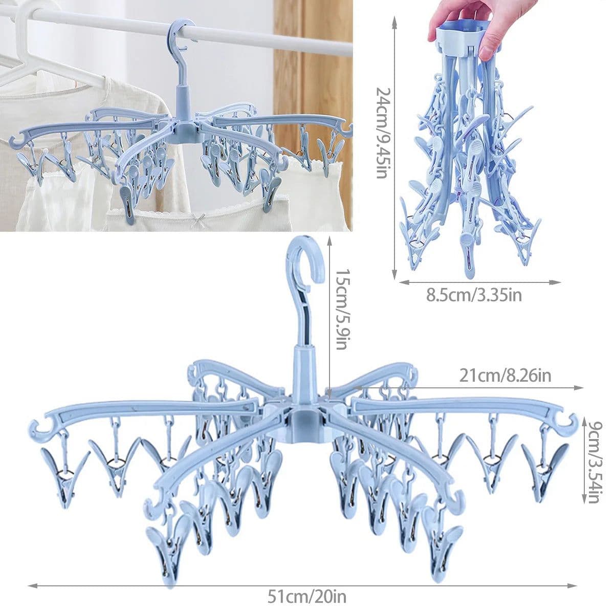image-3600 Rotating Sock Drying Rack with 24 Clips - Space-Saving & Portable