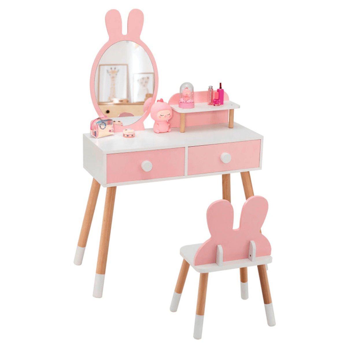 image-Kids Vanity Table Set - Pink with Mirror & Drawers