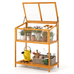 image-2-in-1 Fir Wood Greenhouse with Adjustable Roof & Shelf - Orange