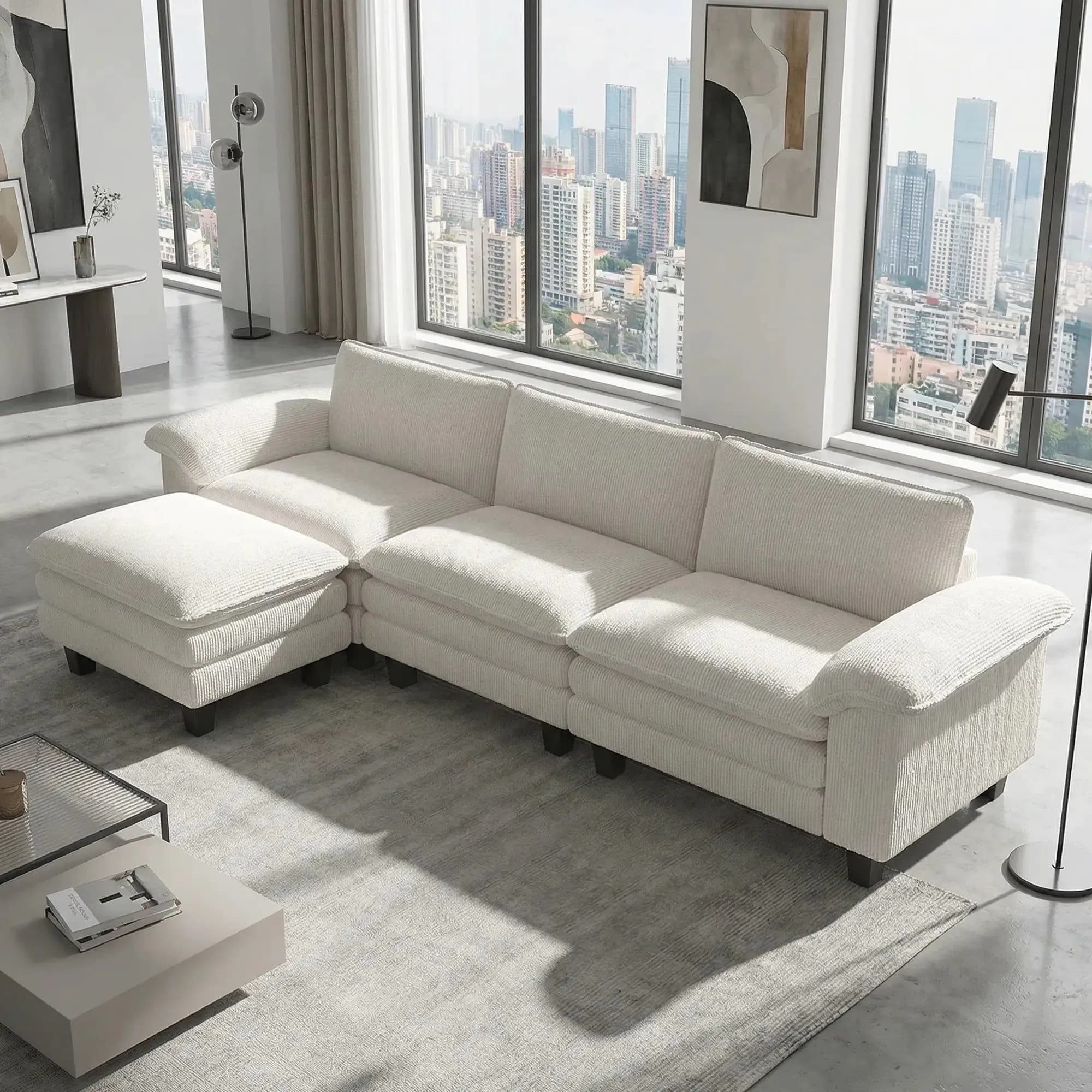 image-Sofa Bed - Beige Corduroy with Pocket Springs, 124.4" Wide, Ottoman Included