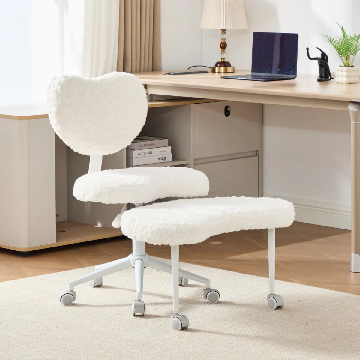 image-Artificial rabbit hair Meditation Chair Plus, Cross Legged Chair with Wheels, ADHD Chair, Criss Cross Desk Chair with Lumbar Support and Adjustable Stool, Flexible Design for Fidgety Sitters, Beige