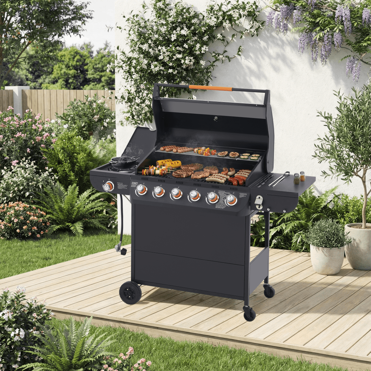 image-6-Burner Propane BBQ Grill - 72,000 BTU Stainless Steel - Side Burner - Outdoor Use