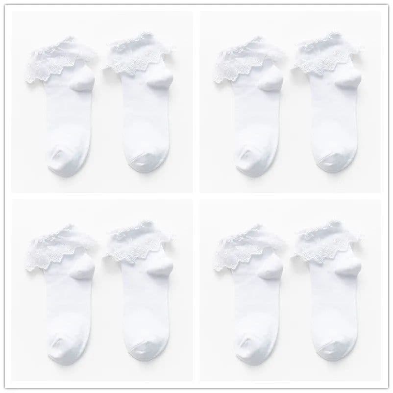 image-4 pairs Lolita Women Harajuku Retro Lace Short Ankle Socks JK Frilly Ruffle Cotton Princess Girls Soft Wedding Dance White