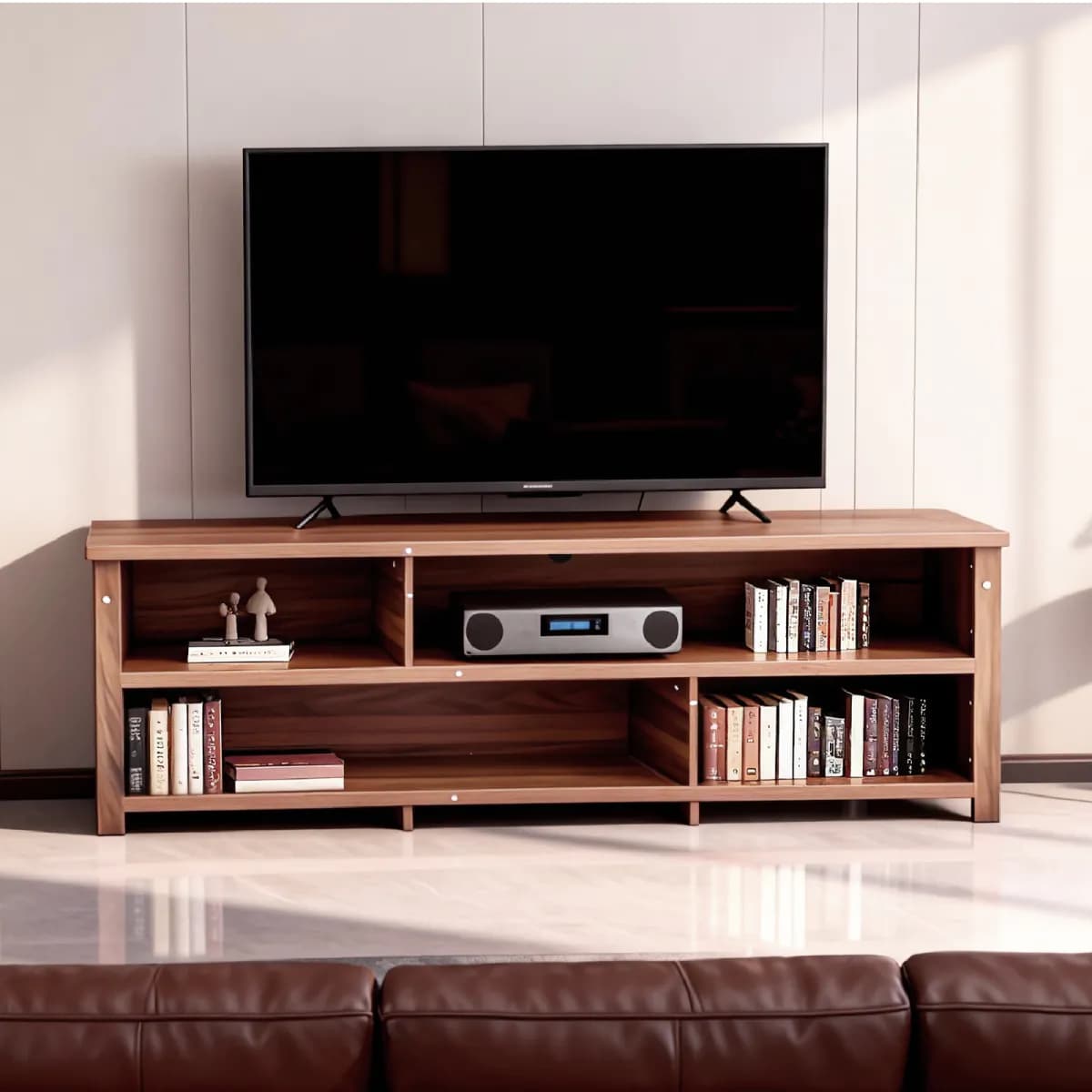 image-Dark Brown TV Stand, 70" Double Layer Storage Console, Modern Entertainment Center