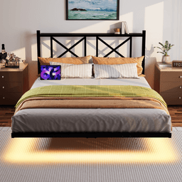 image-Floating Queen Size Bed Frame, Storage Headboard, USB Charging, LED Lights, Black (70 characters)