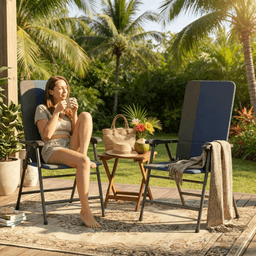 image-Folding Chair Set of 2 - Gray/Dark Blue, Steel Frame, Lightweight, Portable