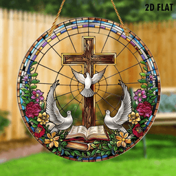 image-Colorful Acrylic Cross Doves Stained Glass Wall Art Decor - 20x20cm