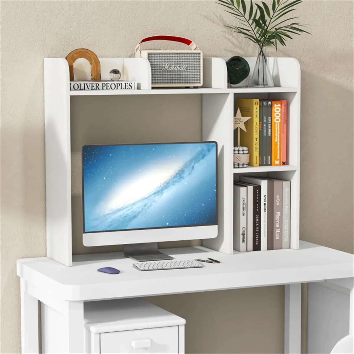 image-White Engineered Bookshelf for 27'' Monitor, 94x25x74cm Wood Desk Hutch 100lbs Capacity