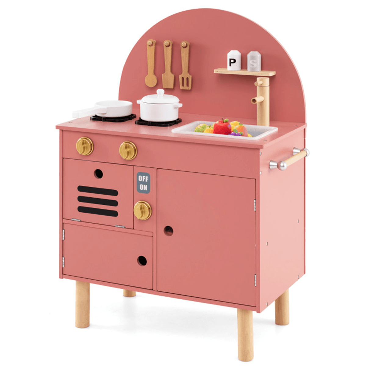 image-Pink Wooden Play Kitchen - Interactive Stove & Sink