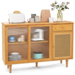 image-Natural Bamboo Sideboard Cabinet with Rattan Door, Sliding Door & Pull-Out Drawer, 5-Leg Rubber Wood Base