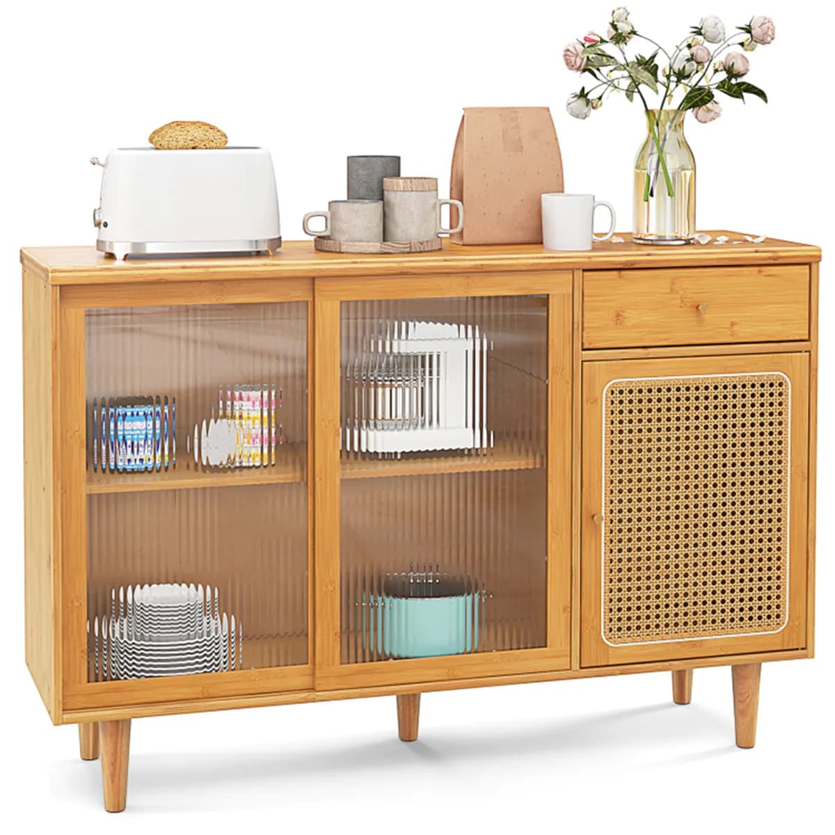 image-Natural Bamboo Sideboard Cabinet with Rattan Door, Sliding Door & Pull-Out Drawer, 5-Leg Rubber Wood Base