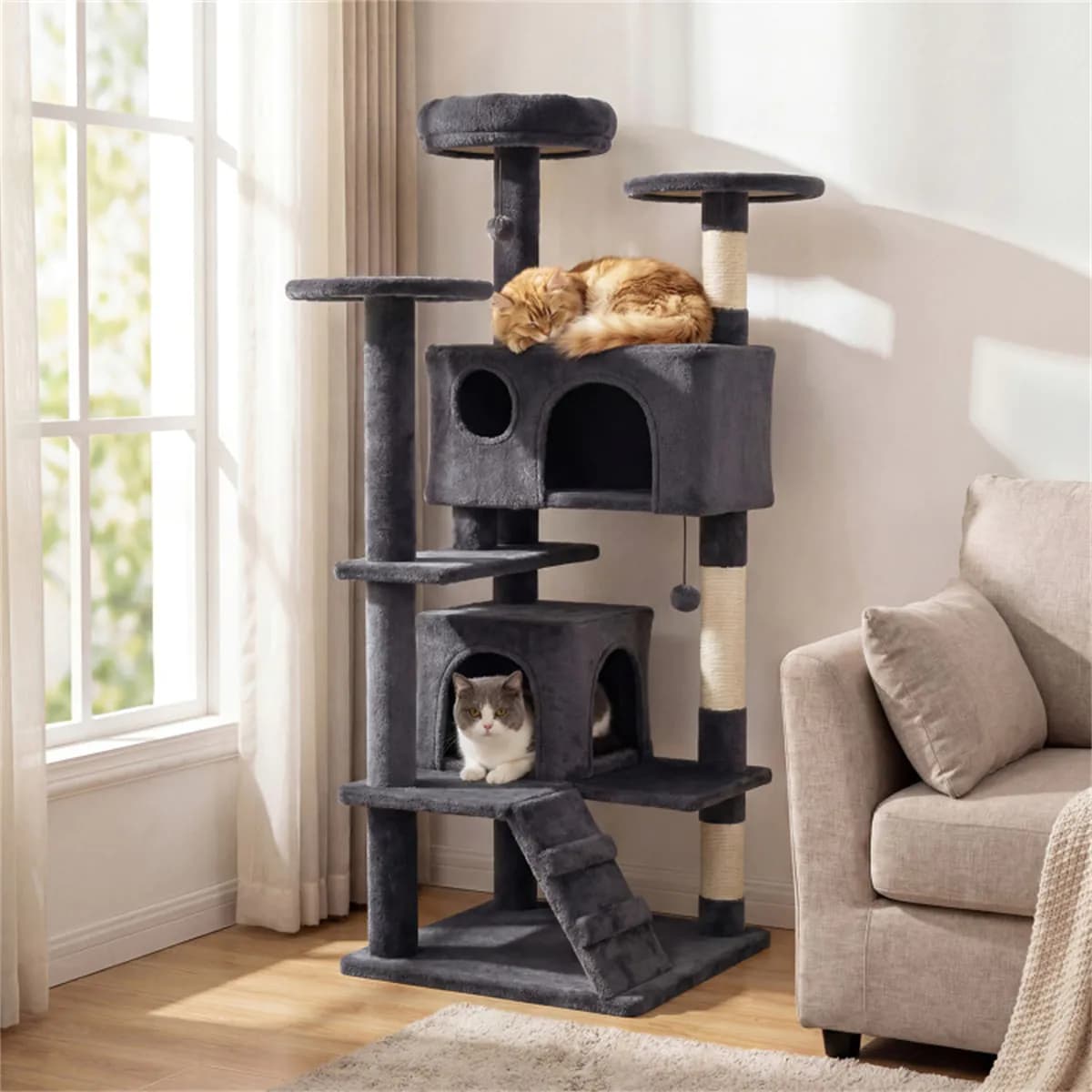 image-Tall Cat Tree with Scratching, Condos, 52" Dark Gray