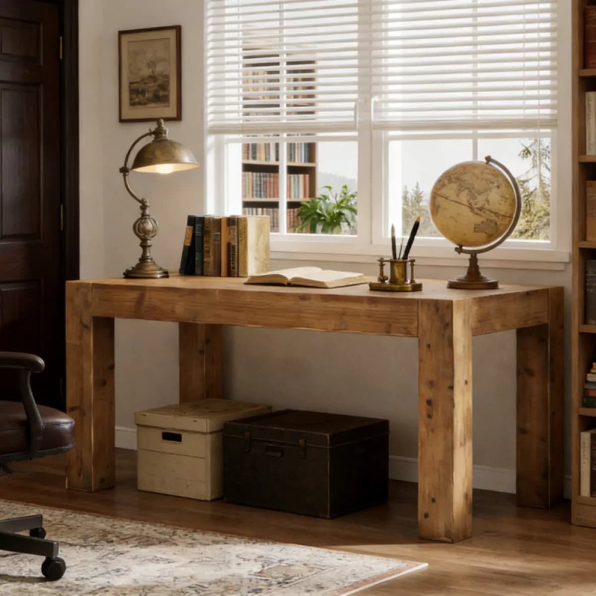 image-Office Desk - Solid Wood, Rustic Brown, 62.99"W x 31.5"D