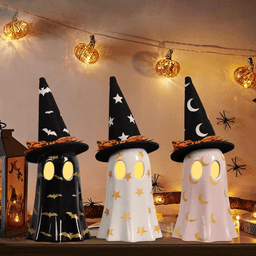 image-Halloween Decor Indoor, Set of 3 Ceramic Ghosts with Witch Hats, Cute Spooky Ghost Figurines for Mantel, Shelf & Tabletop Decor, Halloween Decorations