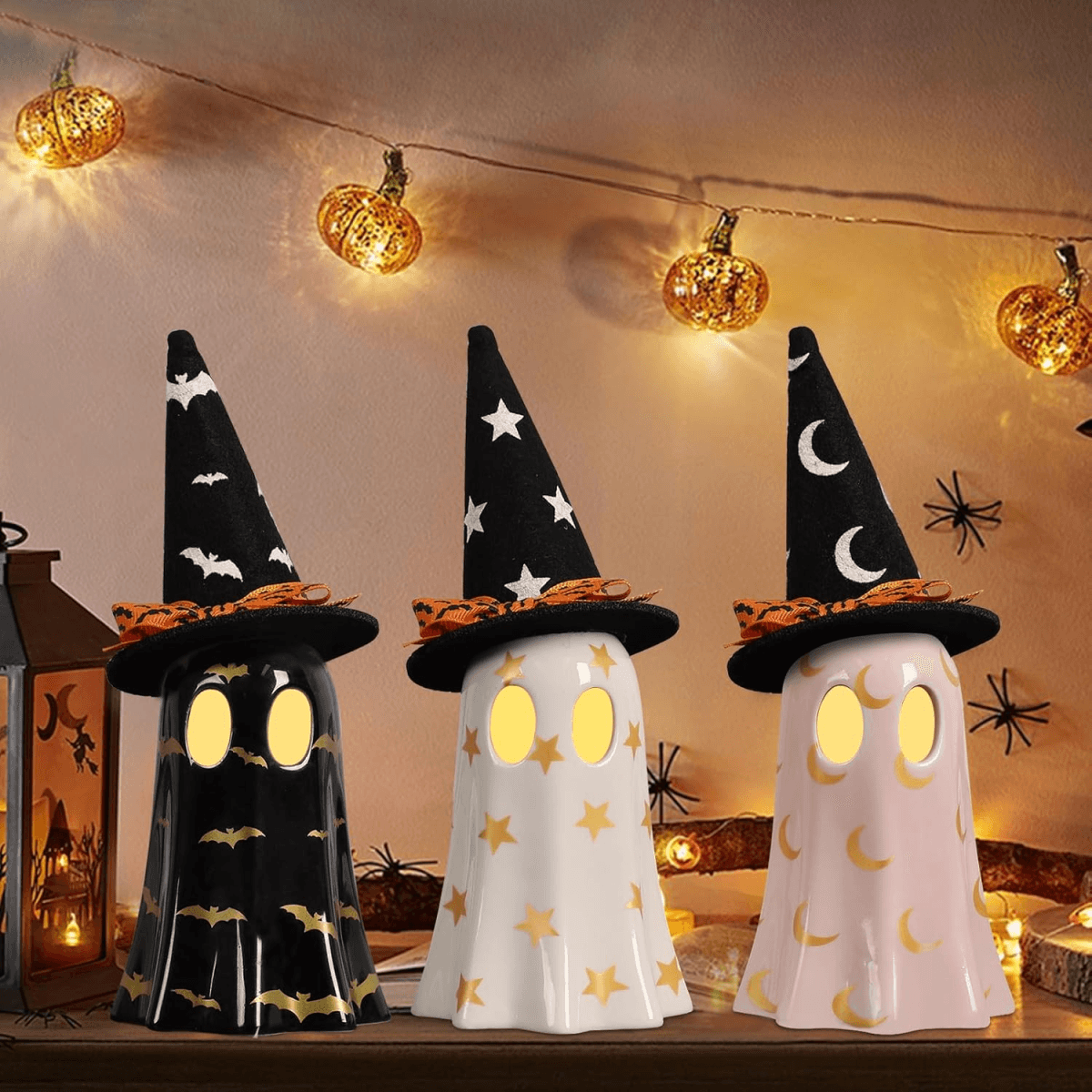image-Halloween Decor Indoor, Set of 3 Ceramic Ghosts with Witch Hats, Cute Spooky Ghost Figurines for Mantel, Shelf & Tabletop Decor, Halloween Decorations