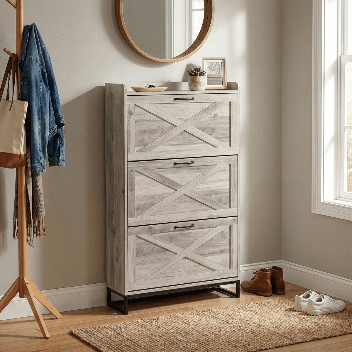 image-Barn Door Shoe Cabinet 80x24x145cm Washed Gray