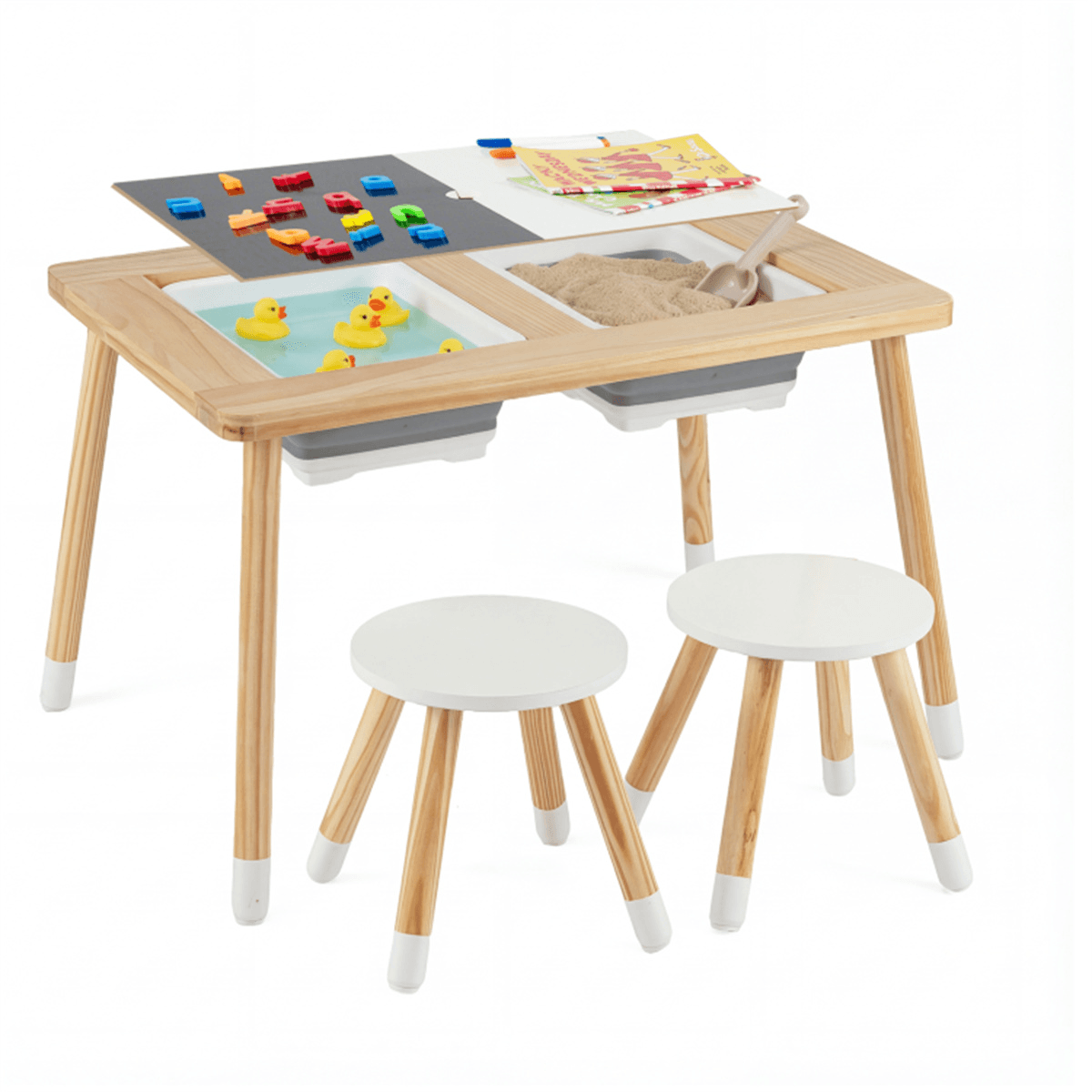 image-Kids Activity Table & Chairs Set, Pine Wood, Foldable Storage Bins, Ages 3+