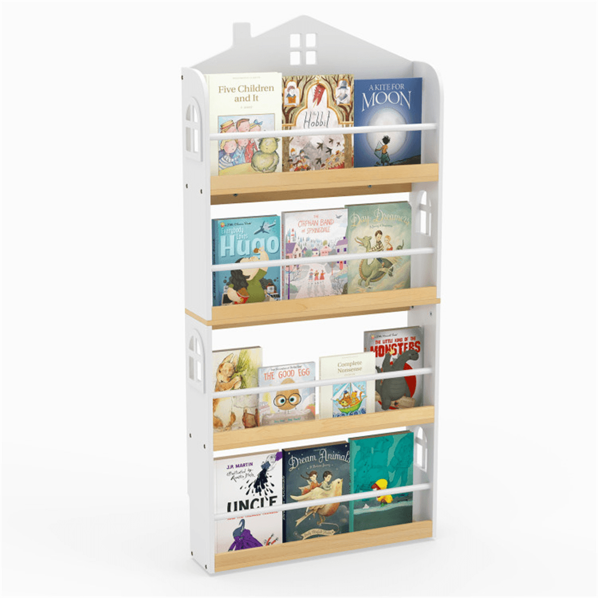 image-4-Tier House Bookshelf for Kids, 24"x6"x51", White & Natural, Anti-Toppling