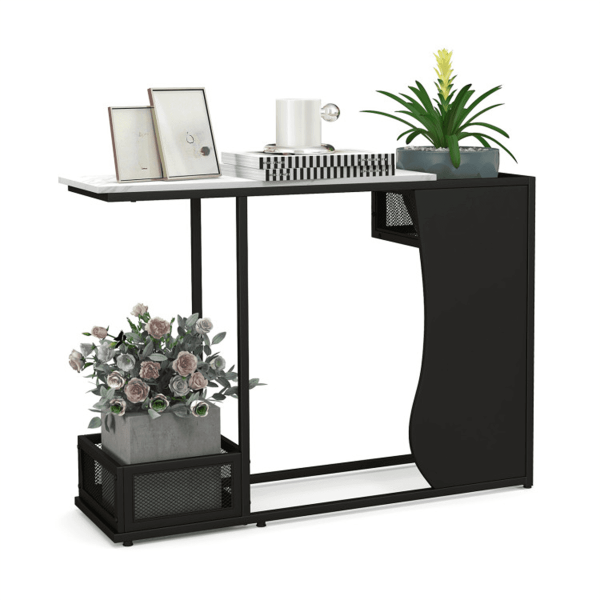image-Console Table 43.5" Waterproof - White & Black Metal Frame