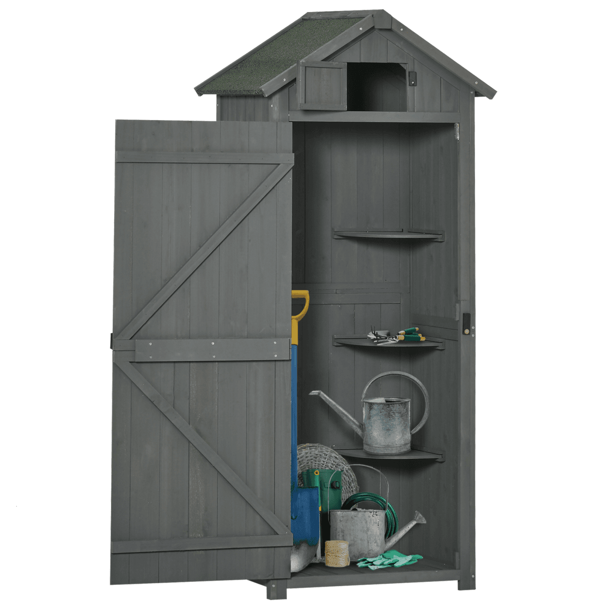 image-Garden Shed Vertical Utility 3 Shelves Wood Tool Storage Unit Cabinet