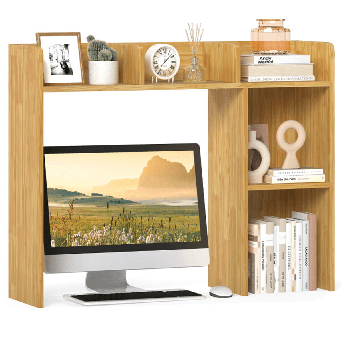 image-Beige Bookshelf for 27'' Monitor, Engineered Wood, 100 lbs Capacity
