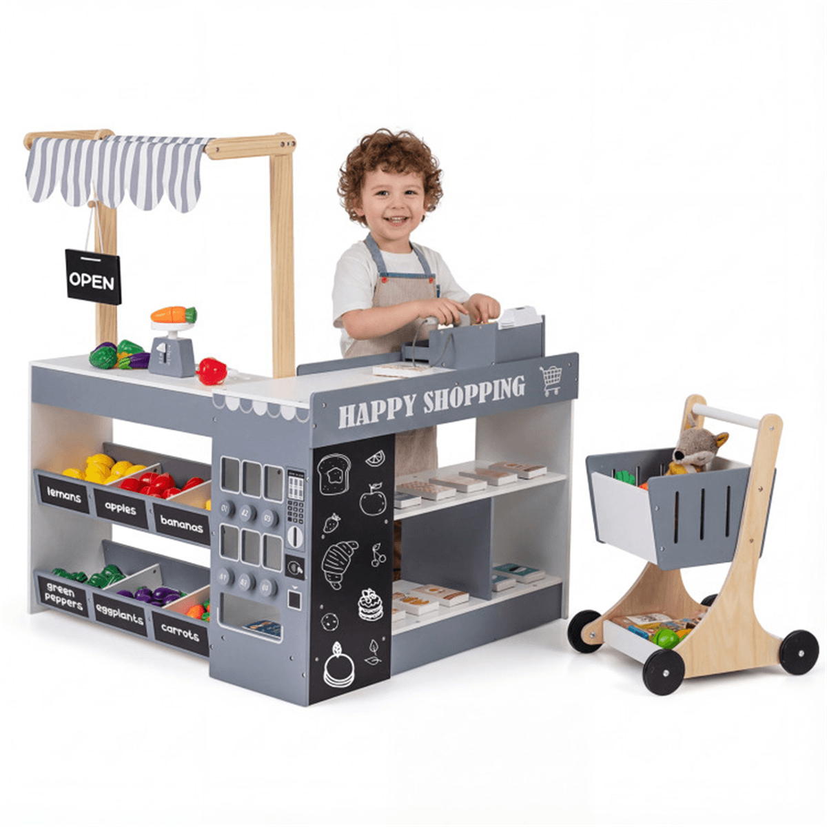 image-Kids Supermarket Playset with Vending Machine, 35.5"x31"x41", Gray Wooden