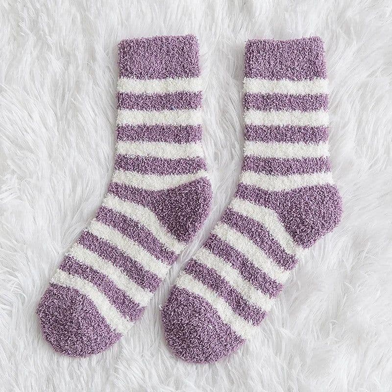 image-Fluffy Striped Warm Socks - Cute Coral Velvet Winter Indoor Comfort