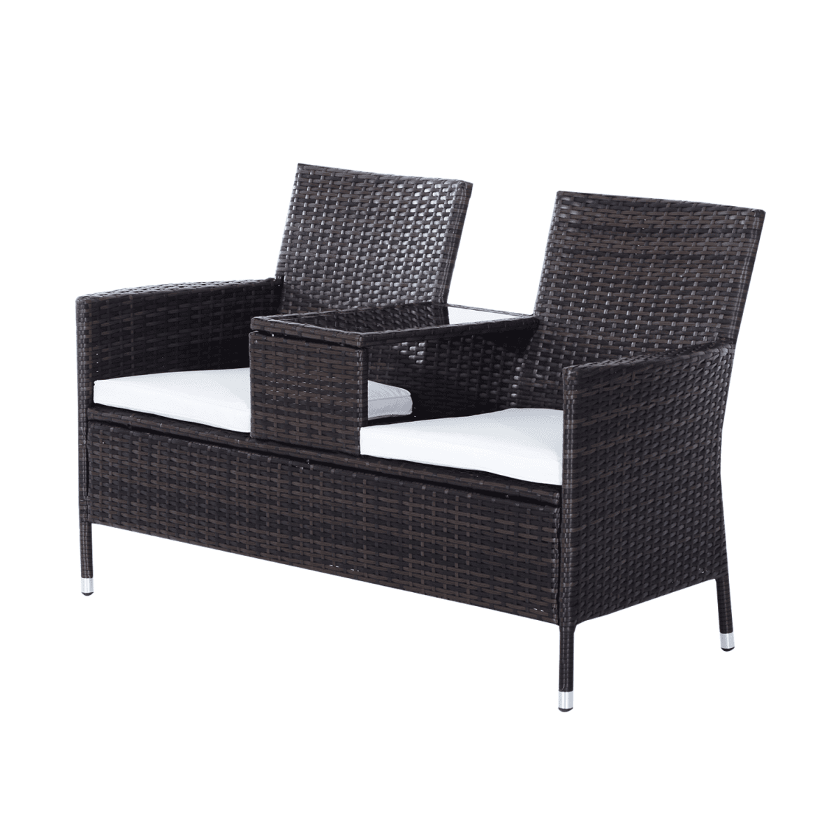 image-2-Seater PE Rattan Outdoor Garden Bench w/ Centre Table