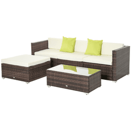 image-5PC Rattan Furniture Set Wicker Sofa Glass Tempered Tea Table & Cushion Pillows