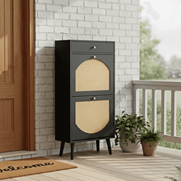 image-Shoe Cabinet - Black 54x24x110cm with 1 Drawer, 2 Flip-Top Compartments