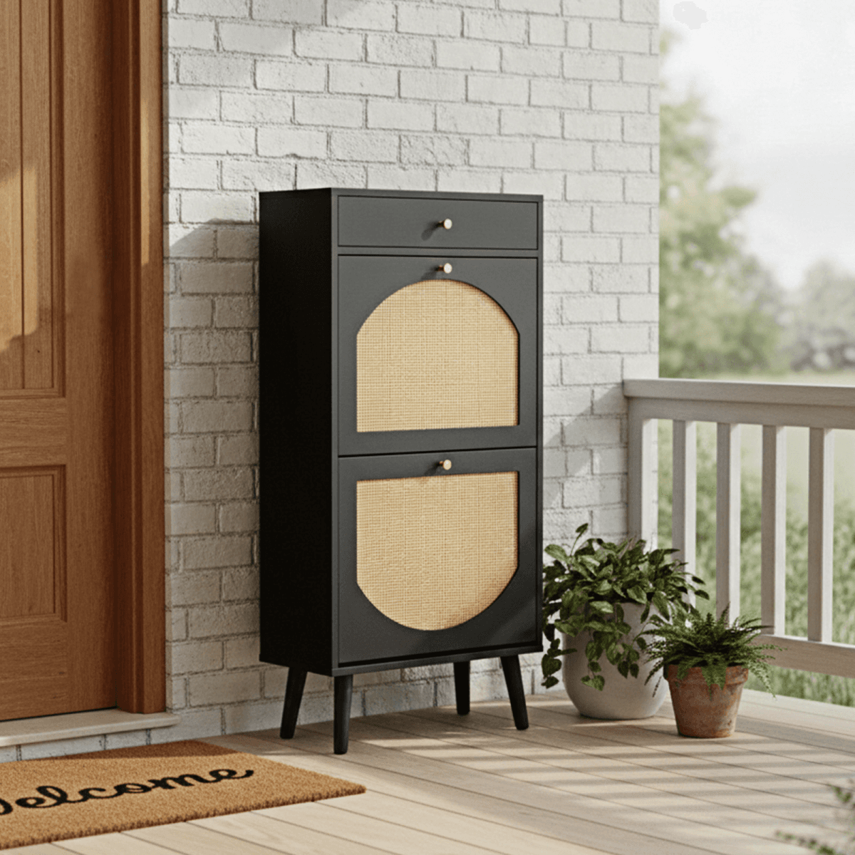 image-Shoe Cabinet - Black 54x24x110cm with 1 Drawer, 2 Flip-Top Compartments
