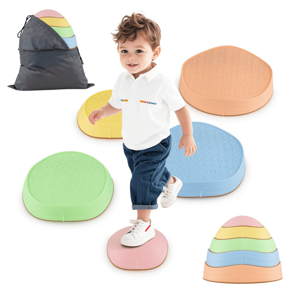 image-Kids Non-Slip Balance Stones, 5 Sizes, Multicolor, Storage Bag, Indoor/Outdoor