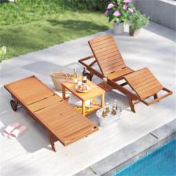 image-Solid Wood Outdoor Chaise Lounge, 4-Pos Backrest, Extendable Table, Wheels