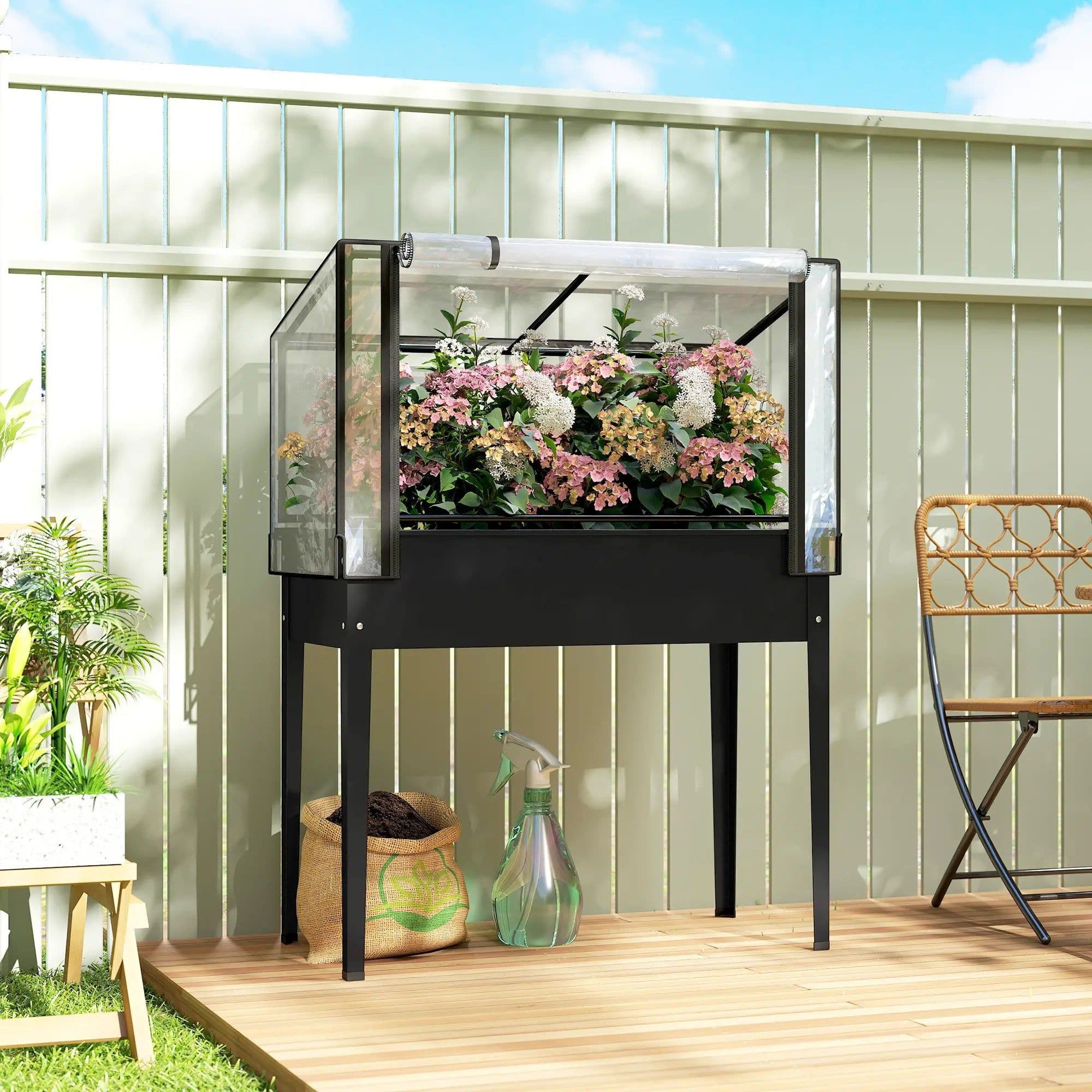 image-Raised Garden Bed with Mini Greenhouse - Black Metal