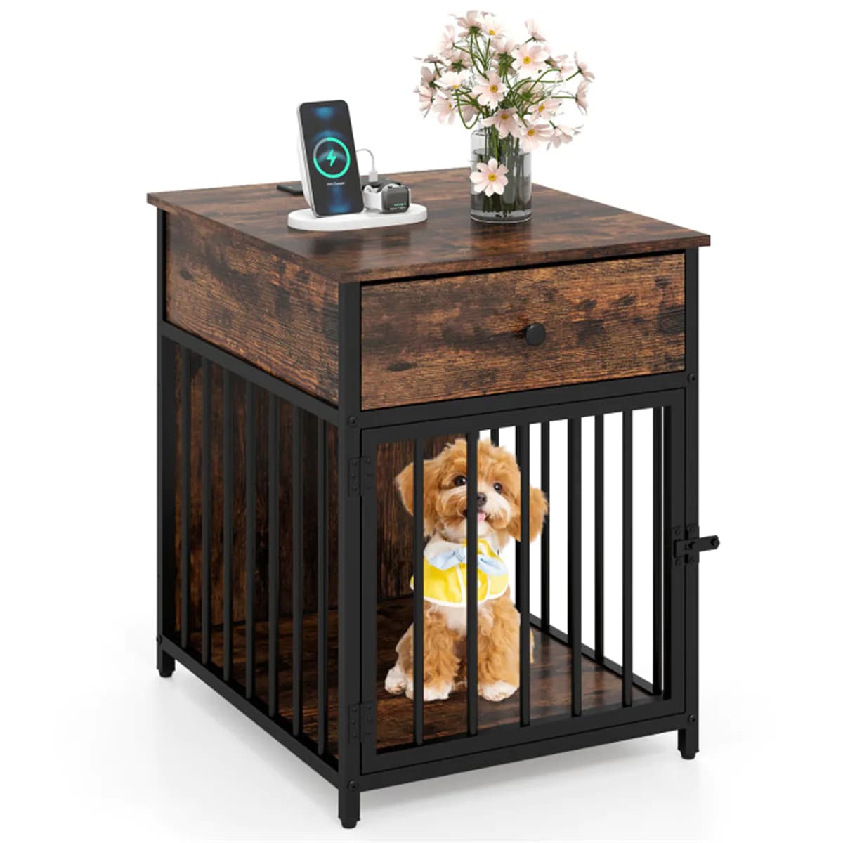 image-Multi-Functional Dog Crate End Table - Black+Brown, Charging Station, 25 lbs Small Dogs