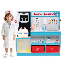 image-Blue Wooden Doctor Playset with X-ray, ECG, Sink, Measurer for Toddlers 3-6