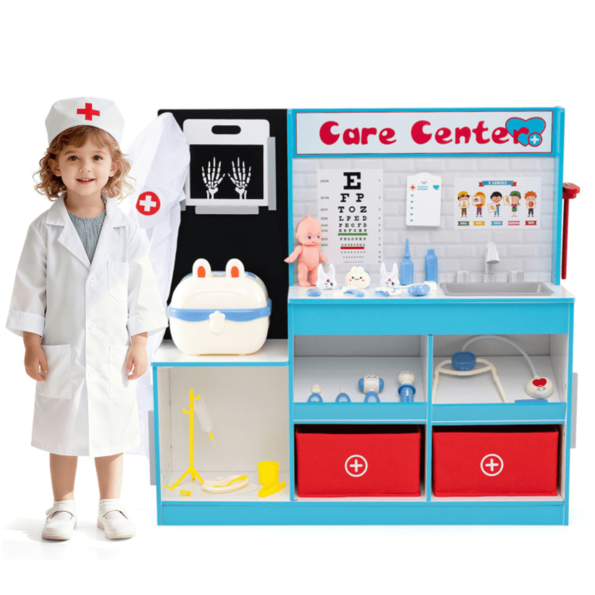 image-Blue Wooden Doctor Playset with X-ray, ECG, Sink, Measurer for Toddlers 3-6
