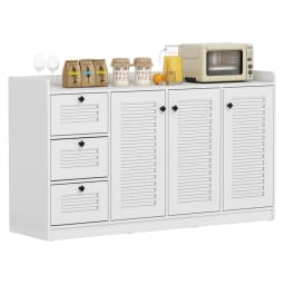 image-White Buffet Sideboard Cabinet, 3 Drawers & 3 Shutter Door Cabinets, Abundant Storage Space