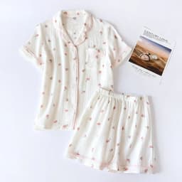image-2025 Summer Ladies Short-sleeved Shorts Pajamas Set 100% Cotton Crepe Cloth Thin Home Service Two-piece Spring And Autumn Loose