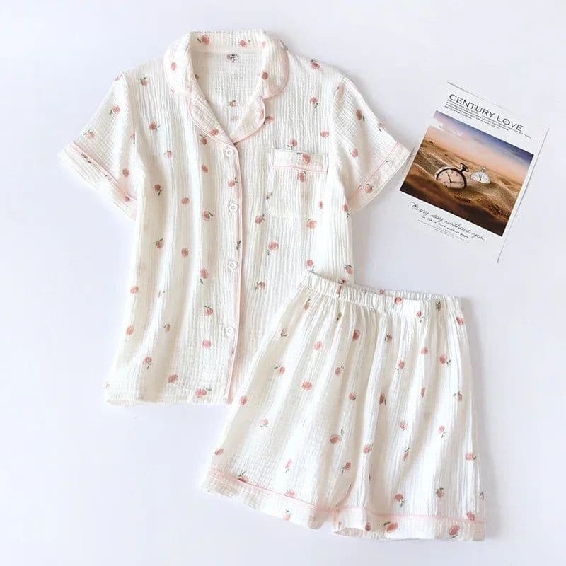 image-2025 Summer Ladies Short-sleeved Shorts Pajamas Set 100% Cotton Crepe Cloth Thin Home Service Two-piece Spring And Autumn Loose