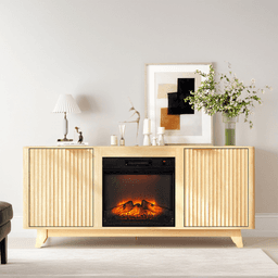 image-Oak Fireplace TV Stand - 58 x 13.6 x 25.4" - Gold Handles, 18" Insert