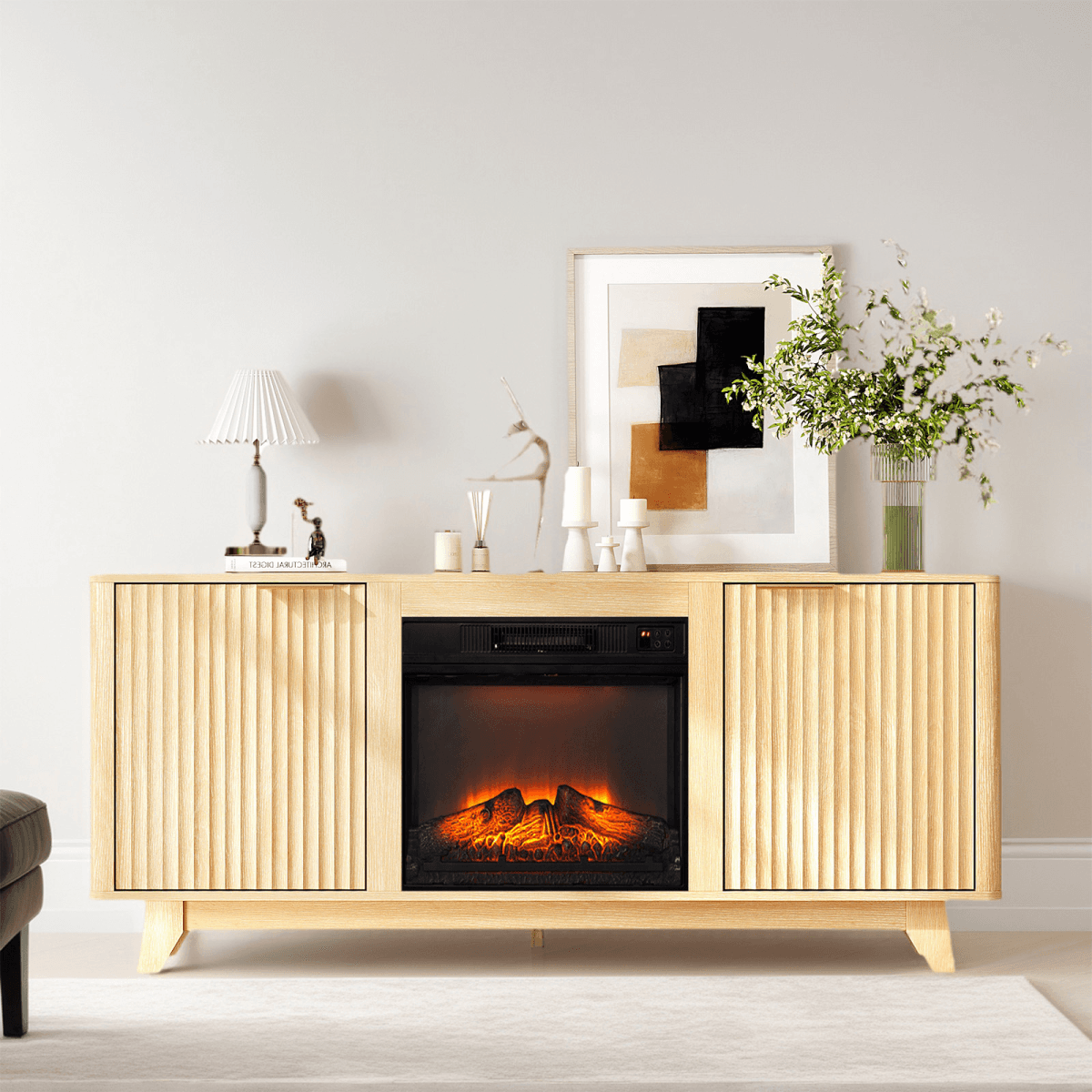 image-Oak Fireplace TV Stand - 58 x 13.6 x 25.4" - Gold Handles, 18" Insert