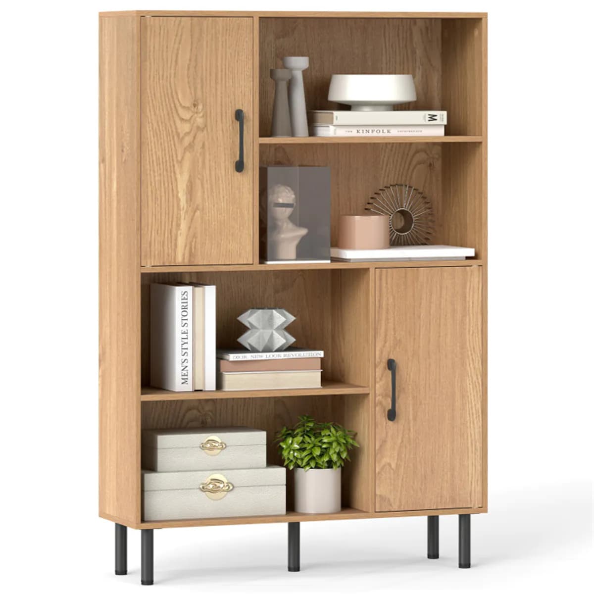 image-4-Tier Open Shelf Cabinet with 2 Doors - Natural, 176 LBS Capacity, Living Room Storage