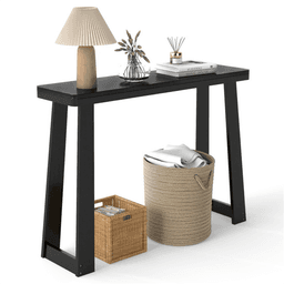 image-Black Narrow Rubber Wood Console Table, 43" Space-Saving Entryway