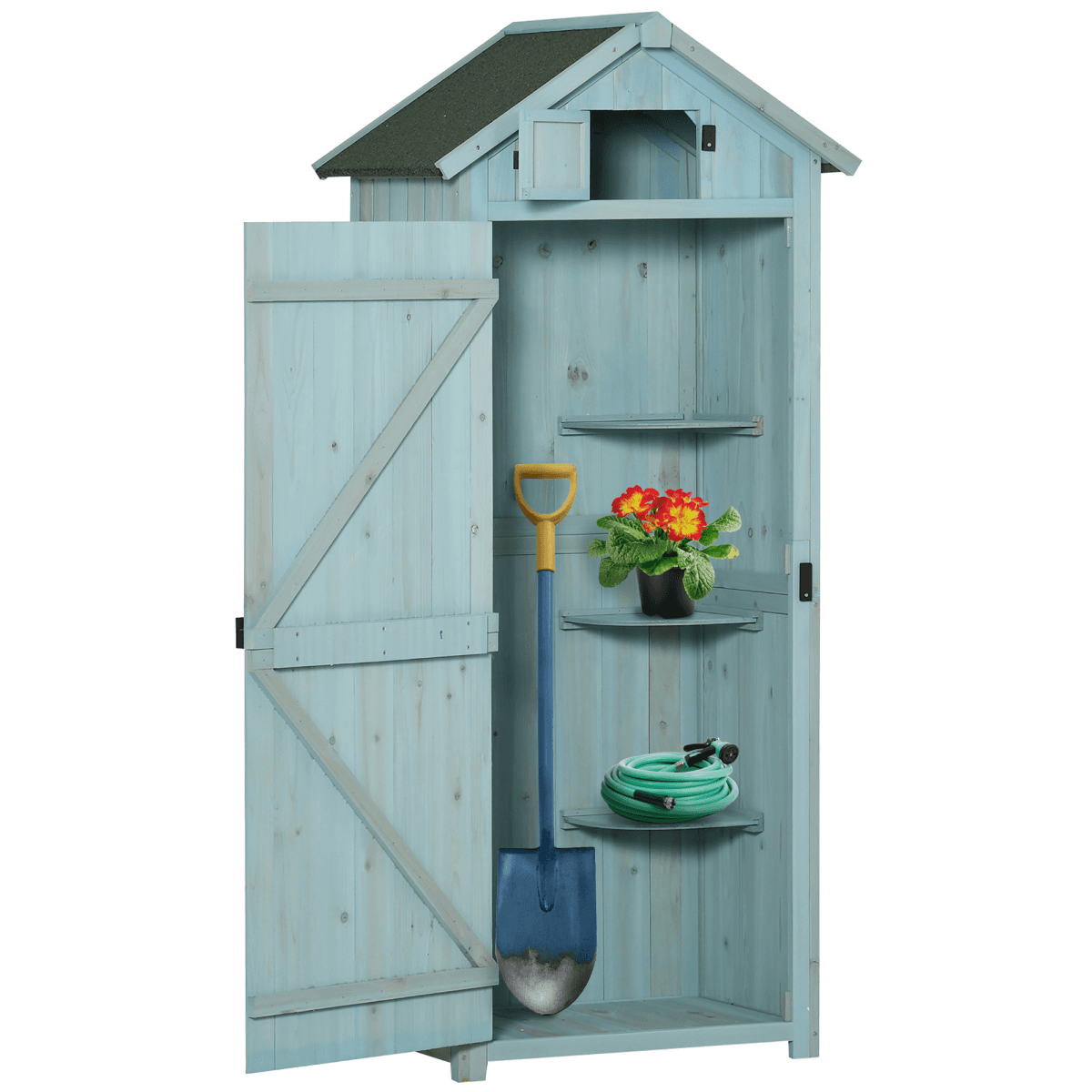 image-Garden Shed Vertical Utility 3 Shelves Wood Tool Storage Unit Cabinet